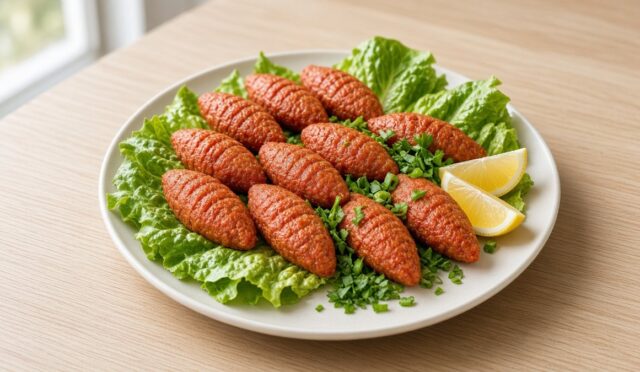 Marul yaprakları üzerinde elle sıkılmış mercimek köfteleri, limon dilimleri ve taze yeşillikle sade bir tabakta