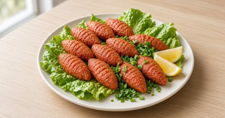 Marul yaprakları üzerinde elle sıkılmış mercimek köfteleri, limon dilimleri ve taze yeşillikle sade bir tabakta