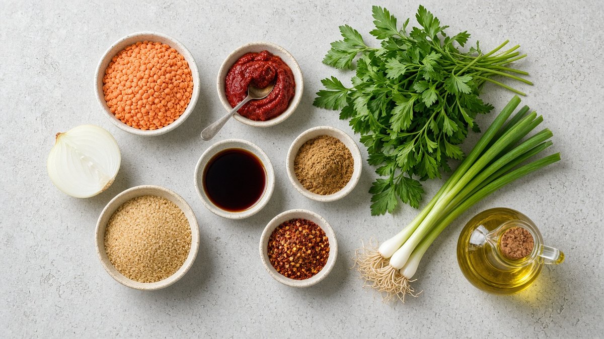 Mercimek köftesi için kırmızı mercimek, ince bulgur, soğan, biber salçası, maydanoz, taze soğan, nar ekşisi ve baharatlar