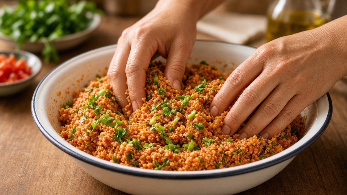 Geniş bir kapta mercimekli bulgur harcı elle yoğrulurken