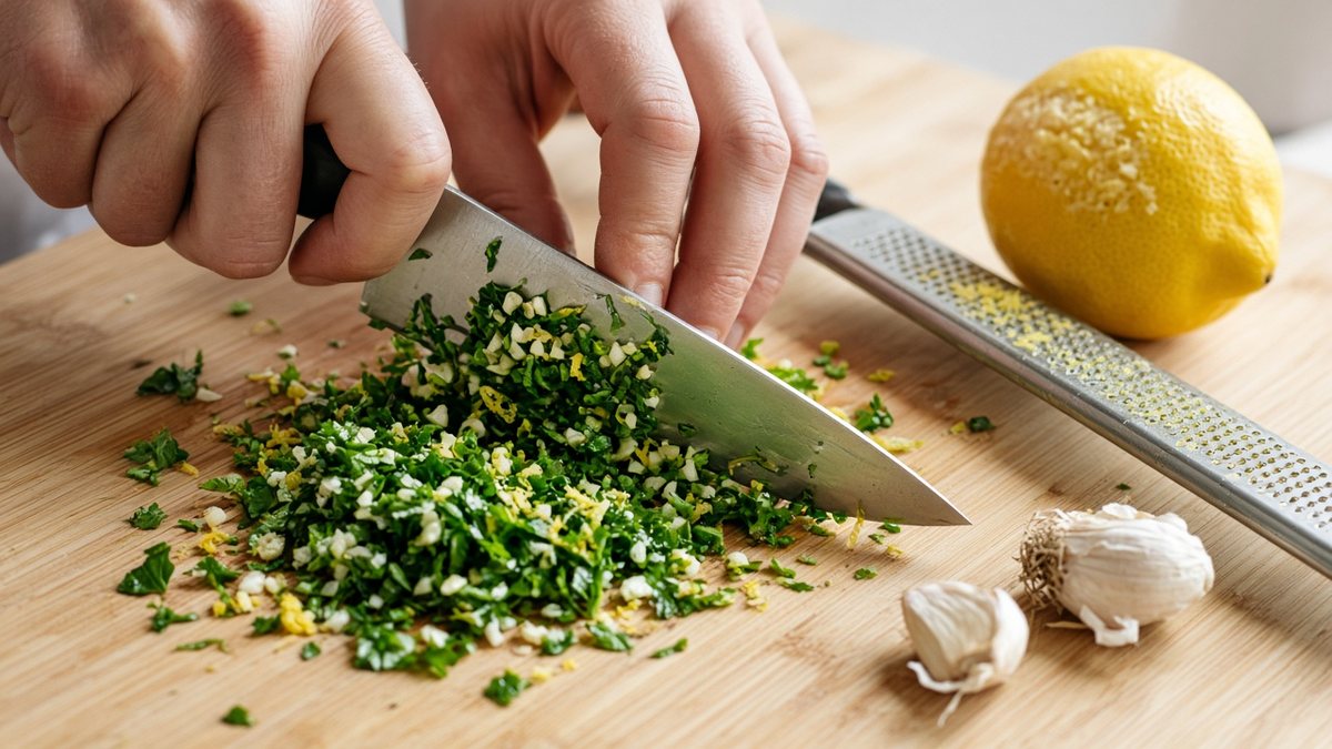 Ahşap kesme tahtasında bıçakla kıyılan maydanoz, limon kabuğu rendesi ve sarımsakla gremolata hazırlığı; yanda limon ve rende