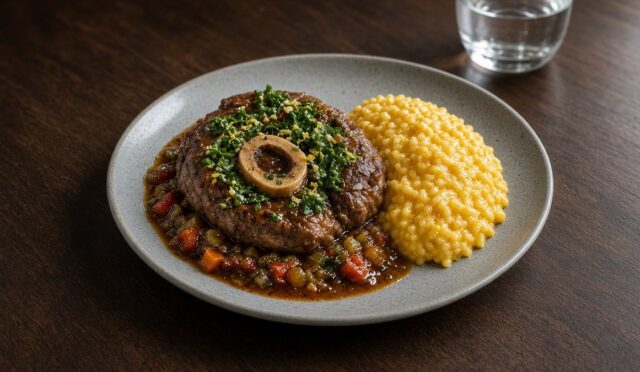 Modern, sade gri tabakta gremolata serpilmiş Milano usulü dana incik ve yanında sarı renkli safranlı risotto