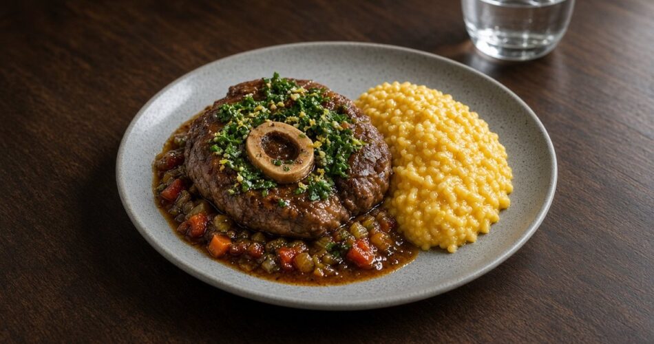 Modern, sade gri tabakta gremolata serpilmiş Milano usulü dana incik ve yanında sarı renkli safranlı risotto