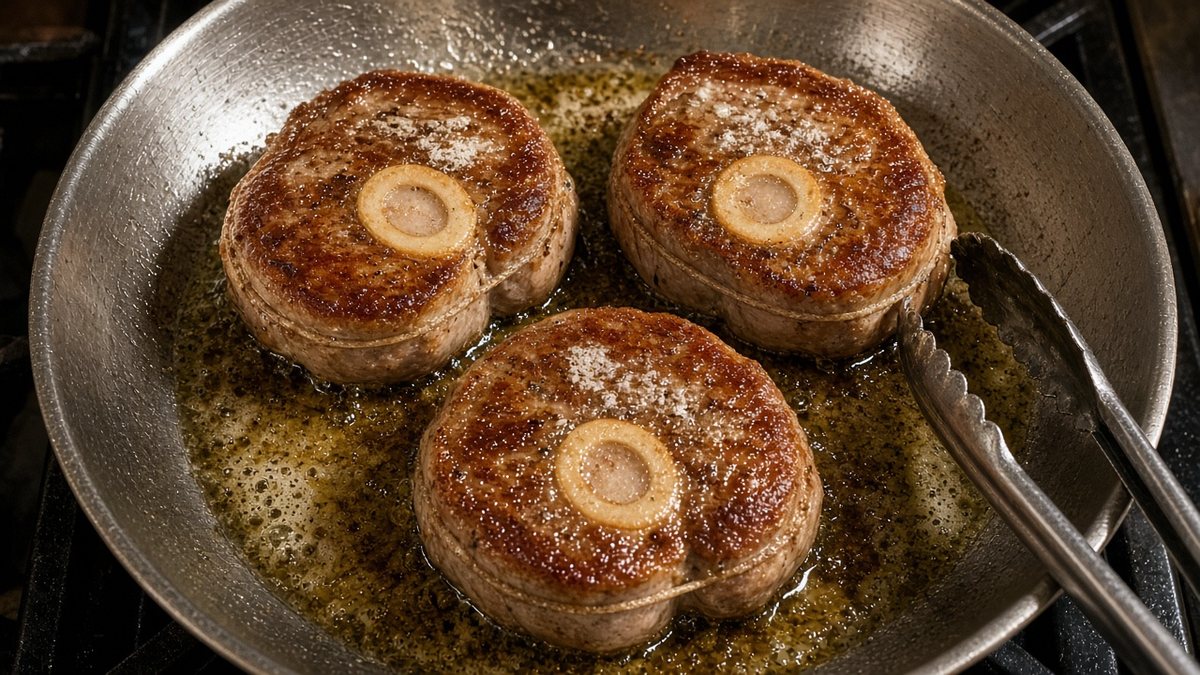 Osso buco tarifi için geniş tencerede una bulanmış, iple bağlı dana incik dilimleri kızgın yağda kızarıyor