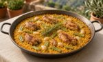 Geniş ve sığ paella tavasında tavuklu, yeşil fasulyeli ve iri beyaz fasulyeli safranlı paella, üzerinde biberiye dalı
