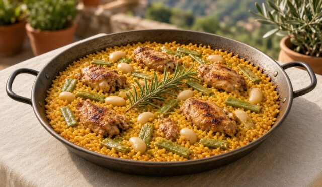 Geniş ve sığ paella tavasında tavuklu, yeşil fasulyeli ve iri beyaz fasulyeli safranlı paella, üzerinde biberiye dalı