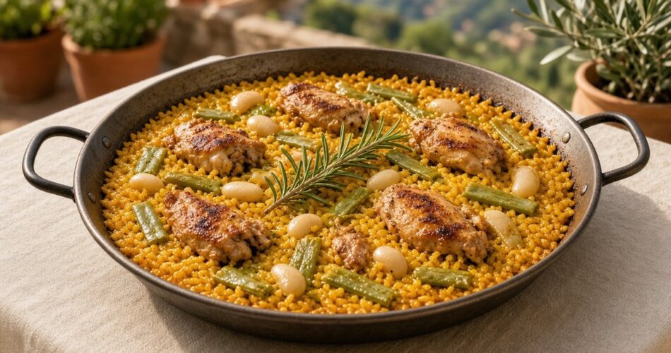 Geniş ve sığ paella tavasında tavuklu, yeşil fasulyeli ve iri beyaz fasulyeli safranlı paella, üzerinde biberiye dalı