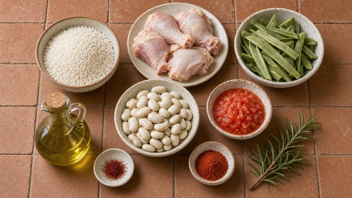 Paella için kısa taneli pirinç, tavuk parçaları, yassı yeşil fasulye, iri beyaz fasulye, rendelenmiş domates, safran, tatlı toz biber, zeytinyağı ve biberiye