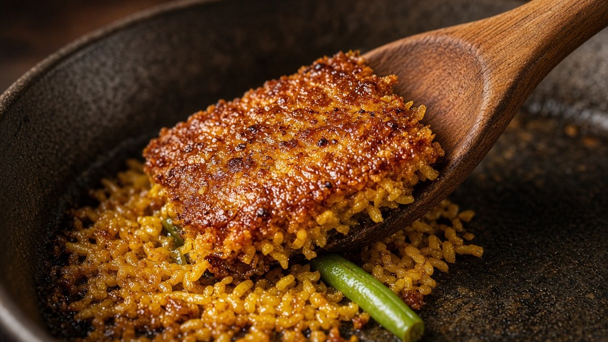 Paella tarifi ile pişen pirincin tava dibindeki kıtır socarrat tabakası tahta kaşıkla kaldırılırken