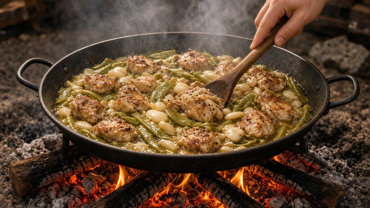 Odun ateşi üzerindeki paella tavasında suyu eklenmiş tavuk parçaları, yassı yeşil fasulye ve iri beyaz fasulyenin tahta kaşıkla karıştırılması
