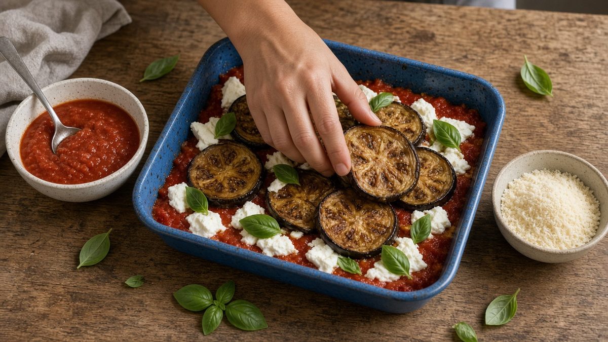 Patlıcan parmigiana tarifi için fırın kabında domates sosu ve mozzarellanın üzerine kızarmış patlıcan dilimleri ve fesleğen diziliyor