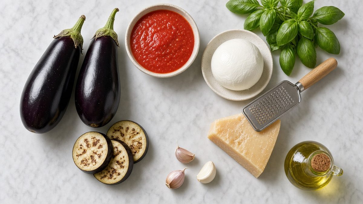 Mermer tezgahta parmigiana için bütün ve dilimlenmiş patlıcan, domates sosu, mozzarella, Parmigiano, fesleğen, sarımsak ve zeytinyağı