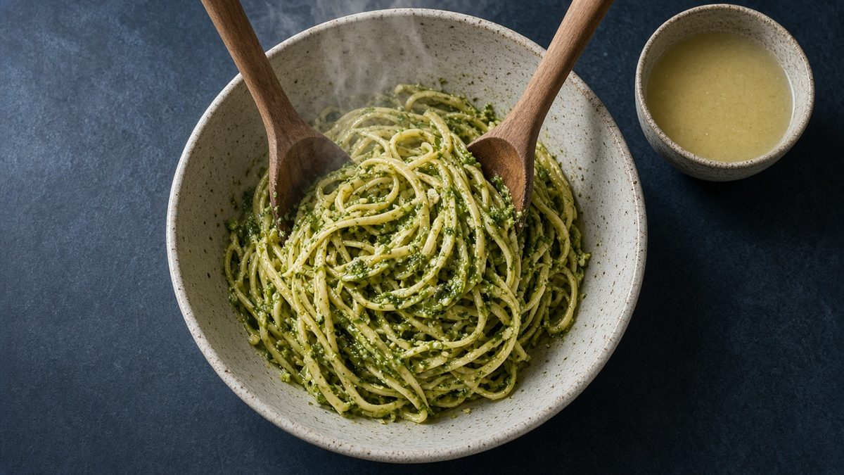 Pesto genovese tarifi için koyu mavi tezgâhta geniş seramik kâsede ahşap kaşıklarla pestoya karıştırılan linguine, yanında fincanda makarna suyu