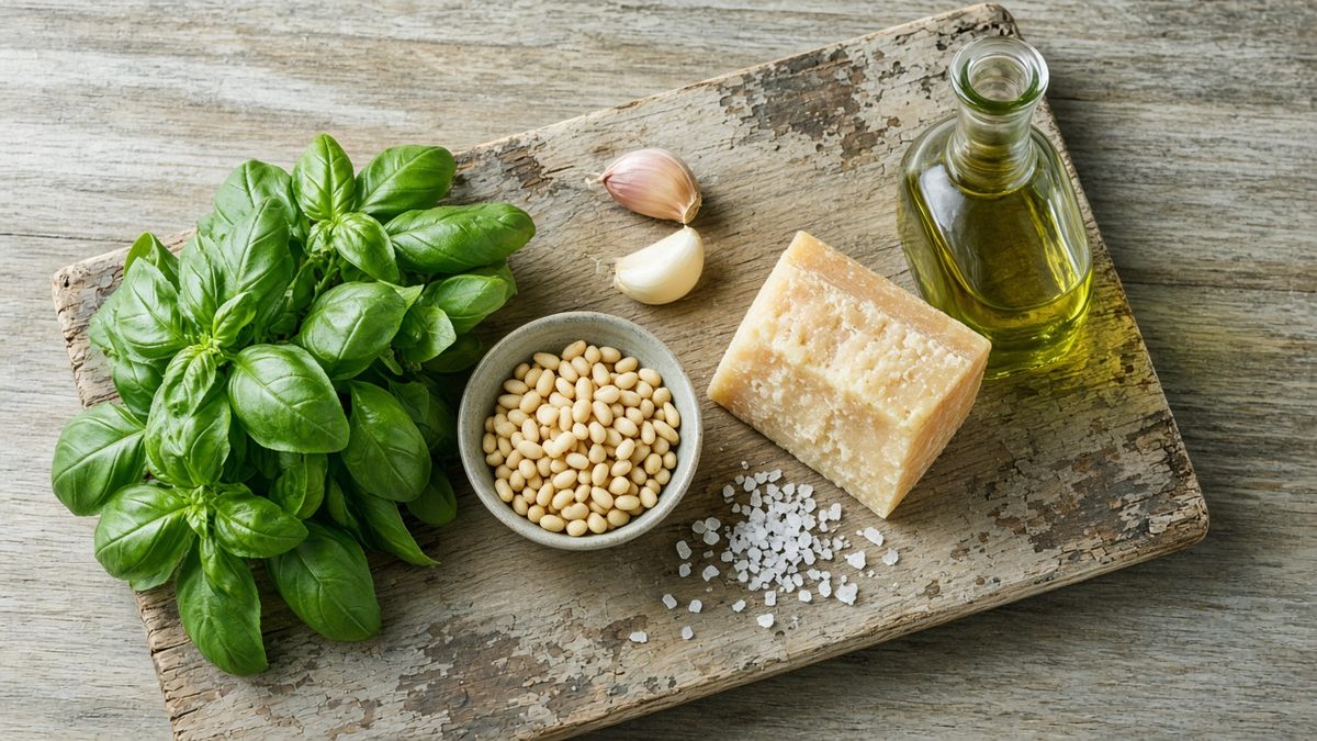 Eskitilmiş ahşap tahtada taze fesleğen demeti, kâsede çam fıstığı, iki diş sarımsak, parmigiano reggiano kalıbı, cam şişede zeytinyağı ve iri deniz tuzu