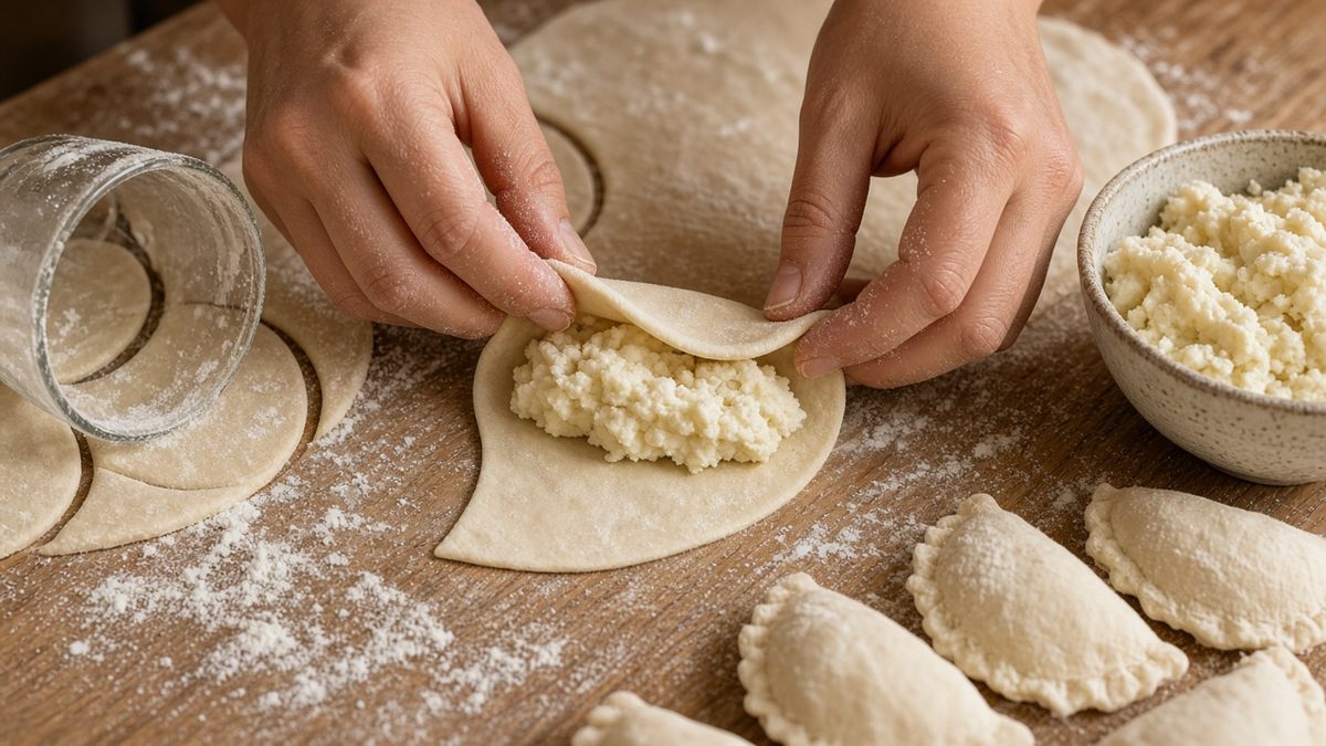 Pierogi tarifi için unlu ahşap tezgâhta iki elin hamur dairesini patatesli peynirli harcın üzerine katlaması; yanda daire kesilen bardak, harç kâsesi ve hazır çiğ pierogiler