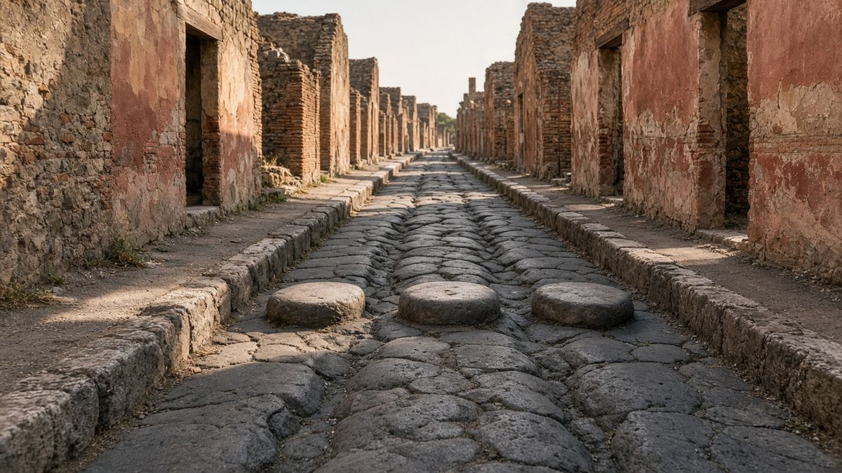 Pompei: Vezüv’ün Gömdüğü Roma Kenti ve Hâlâ Süren Tartışmalar 1 Pompei’de araba tekerleği izleri ve yaya geçiş taşları olan taş döşeli Roma sokağı, temsili görsel