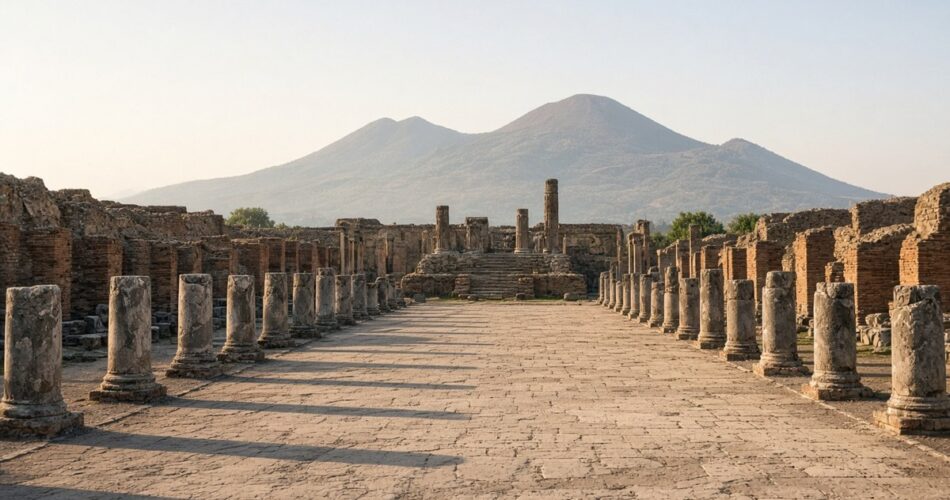 Pompei’de Forum meydanının sütun kalıntıları ve arkada yükselen Vezüv Yanardağı, temsili görsel