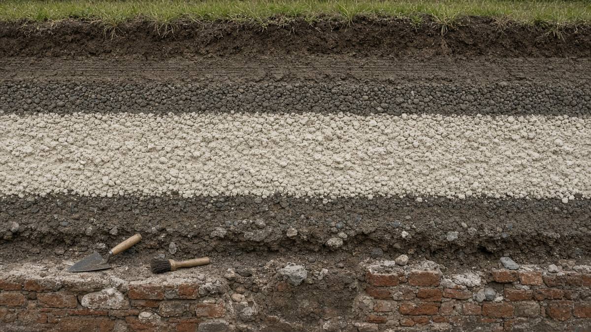 Pompei: Vezüv’ün Gömdüğü Roma Kenti ve Hâlâ Süren Tartışmalar 2 Pompei kazısında Roma duvarının üzerini örten süngertaşı ve volkanik kül katmanları, temsili görsel