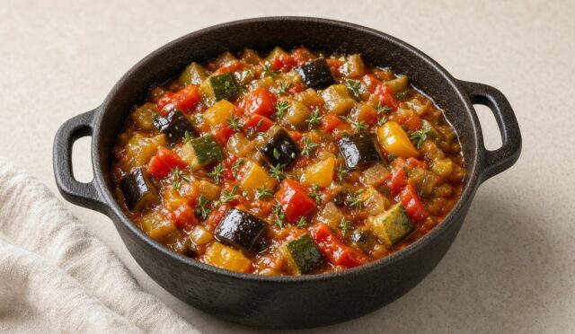 Patlıcan, kabak, biber ve domatesle pişmiş ratatouille, döküm tencerede