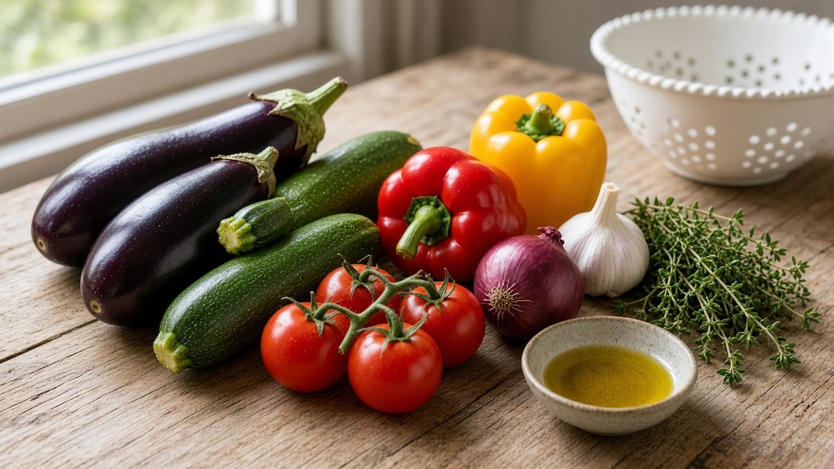 Ratatouille Tarifi: Provence Usulü Zeytinyağlı Sebze Yemeği 1 Ratatouille için patlıcan, kabak, kırmızı ve sarı biber, domates, soğan, sarımsak ve taze kekik
