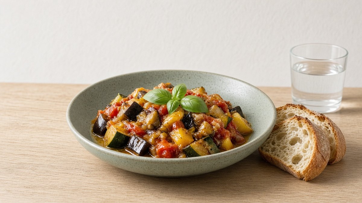 Ratatouille Tarifi: Provence Usulü Zeytinyağlı Sebze Yemeği 3 Ratatouille tarifi ile hazırlanan sebze yemeği, köy ekmeği ve bir bardak suyla servis