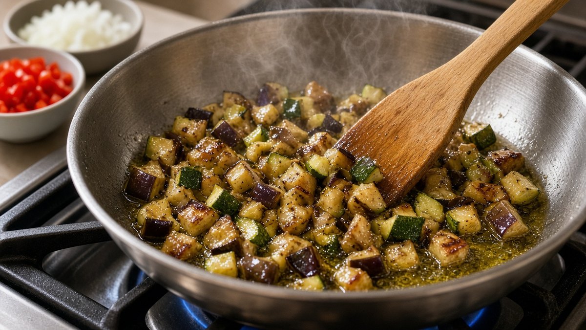 Ratatouille Tarifi: Provence Usulü Zeytinyağlı Sebze Yemeği 2 Zeytinyağında altın rengi alana kadar sotelenen patlıcan ve kabak küpleri tavada