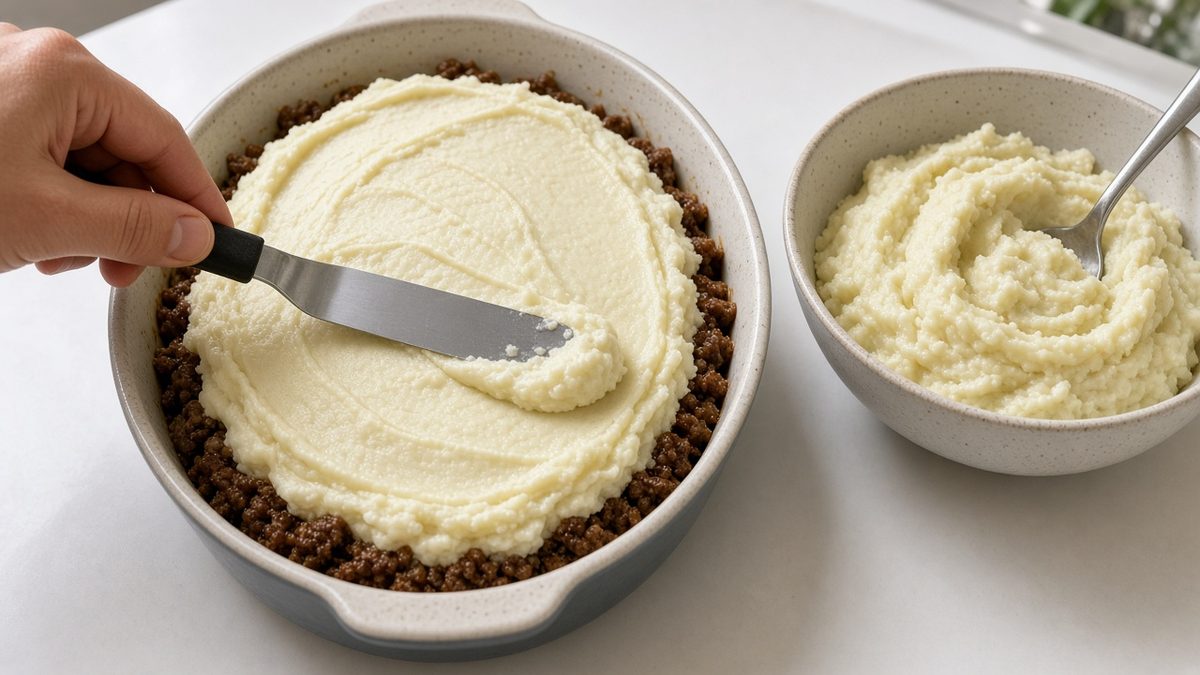 Shepherd's pie tarifi için oval fırın kabındaki kuzu kıyma harcının üzerine spatulayla patates püresi yayılırken, yanında kalan püreyle dolu kâse