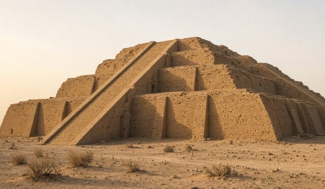 Sümerler döneminden kalan Ur zigguratının kerpiç basamakları ve merdivenleri akşam ışığında, temsili görsel