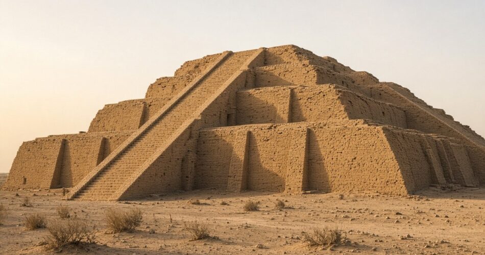 Sümerler döneminden kalan Ur zigguratının kerpiç basamakları ve merdivenleri akşam ışığında, temsili görsel