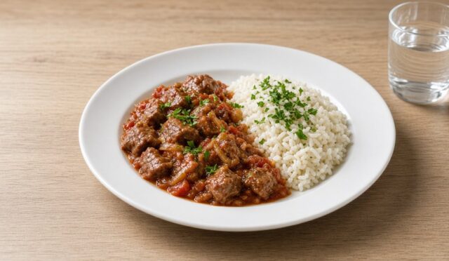 Modern sade bir tabakta tereyağlı pirinç pilavının yanında servis edilmiş salçalı tas kebabı