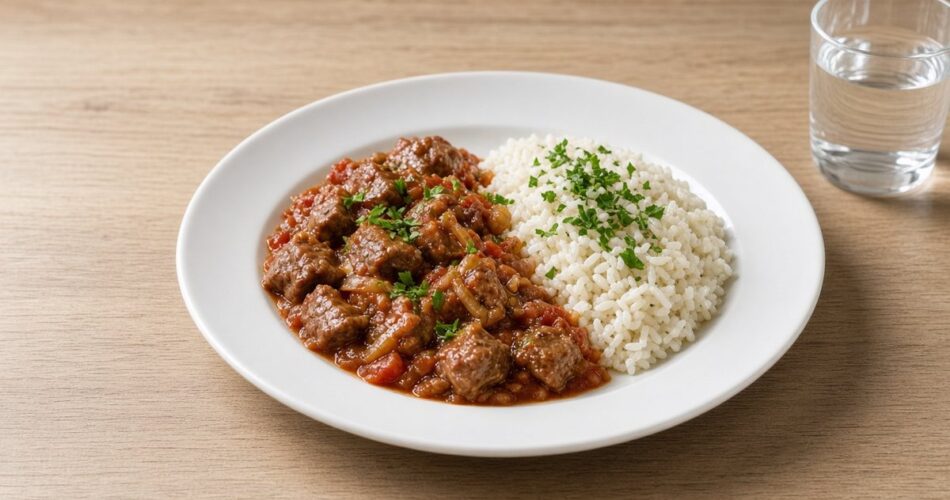 Modern sade bir tabakta tereyağlı pirinç pilavının yanında servis edilmiş salçalı tas kebabı