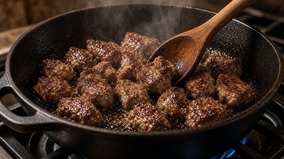Tas kebabı tarifi için döküm tencerede kızaran kuşbaşı dana etleri