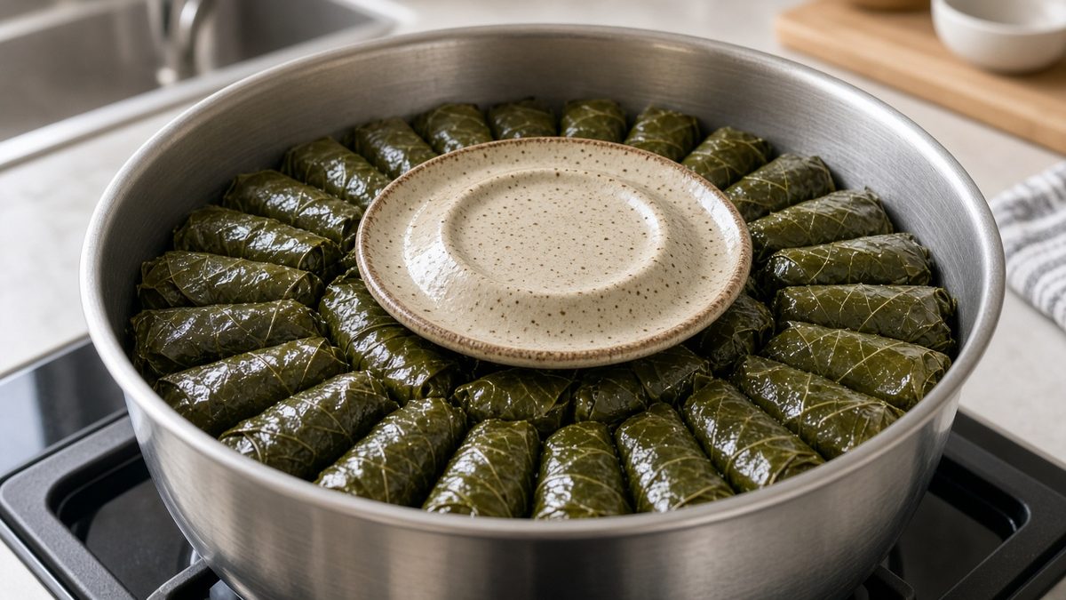 Ocaktaki çelik tencereye halka halka dizilmiş yaprak sarmalar ve üzerlerine ters kapatılmış benekli seramik tabak