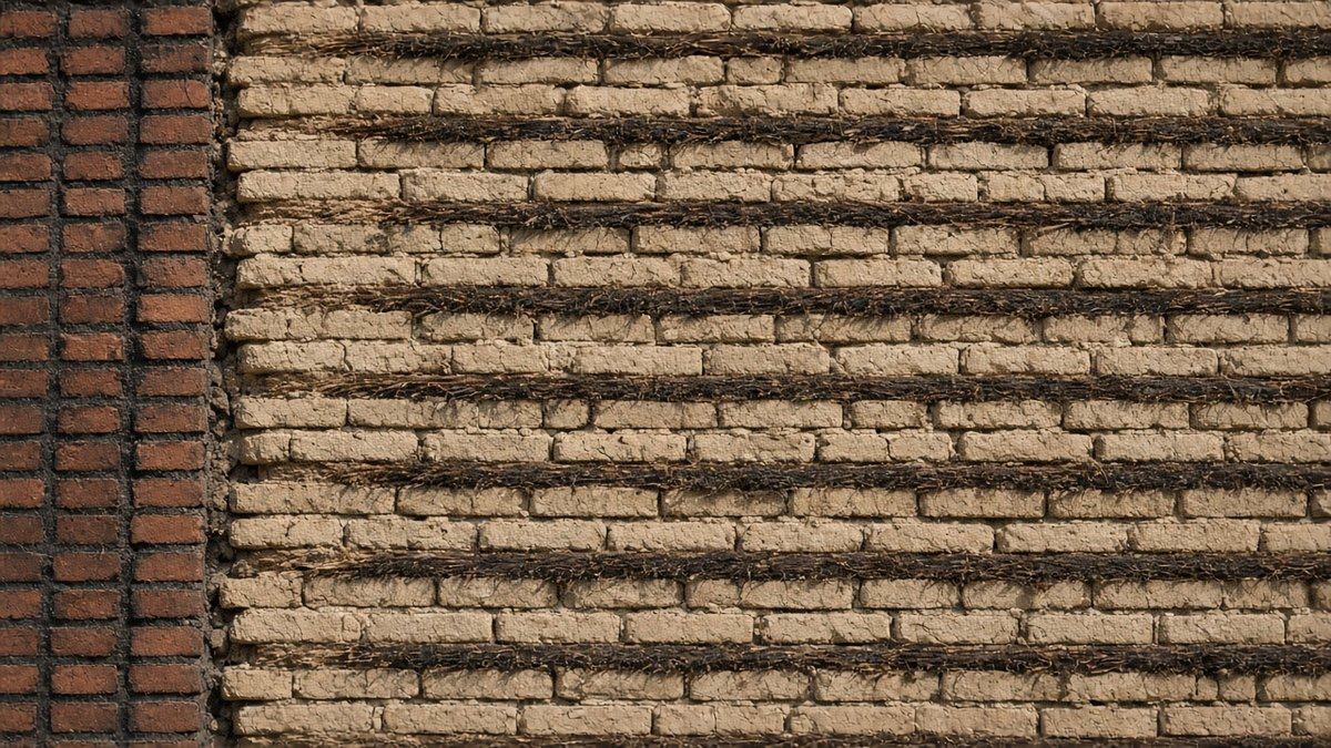 Ziggurat duvarında kerpiç çekirdek, pişmiş tuğla kaplama ve kamış hasır katmanları, temsili görsel