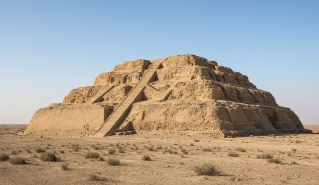 Güney Irak’taki Ur zigguratının anıtsal merdiveni ve basamaklı tuğla gövdesi, temsili görsel