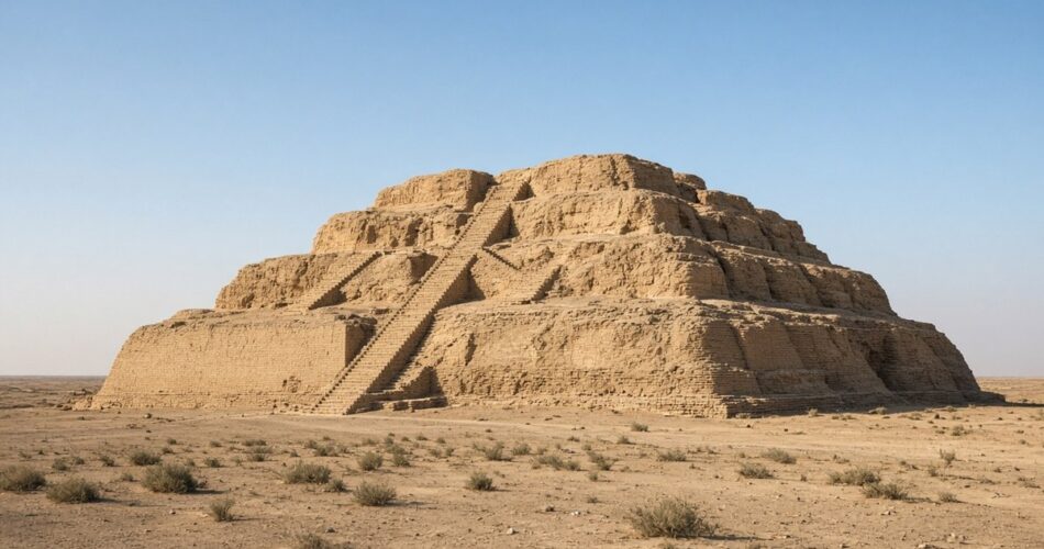Güney Irak’taki Ur zigguratının anıtsal merdiveni ve basamaklı tuğla gövdesi, temsili görsel